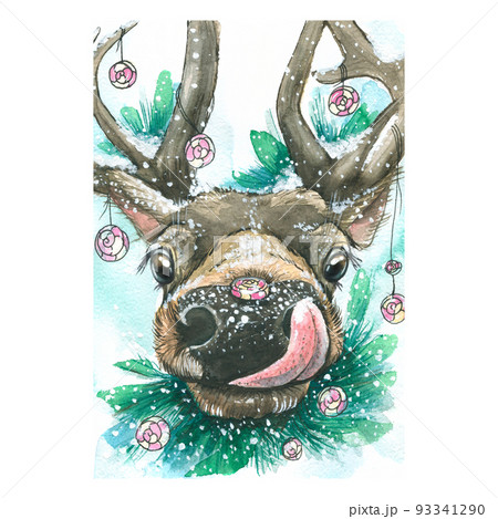 Cute deer with sweets, lollipops, in the snow with fir branches. Watercolor, winter illustration. For the design and decoration of postcards, posters, New Year and Christmas paraphernalia, packaging 93341290