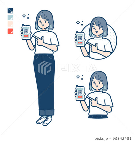 Tシャツを着た若い女性がスマートフォンでキャッシュレス決済しているイラスト Tシャツを着た若い女性がスマートフォンでキャッシュレス決済しているイラスト 93342481