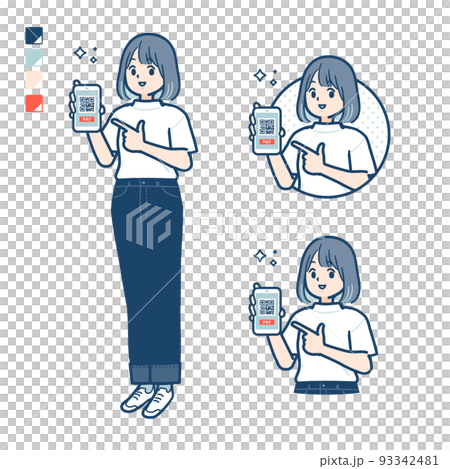 Tシャツを着た若い女性がスマートフォンでキャッシュレス決済しているイラスト Tシャツを着た若い女性がスマートフォンでキャッシュレス決済しているイラスト 93342481