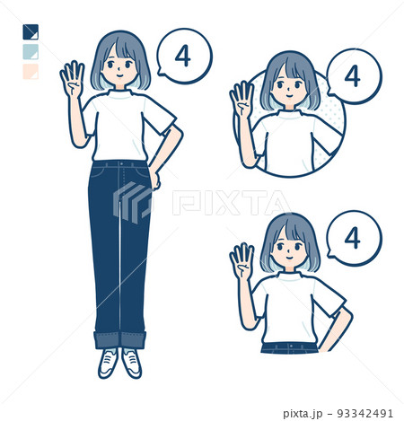 Tシャツを着た若い女性が4とカウントしているイラスト 93342491