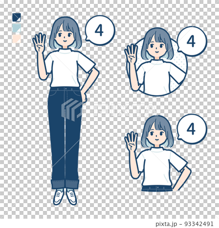 Tシャツを着た若い女性が4とカウントしているイラスト 93342491