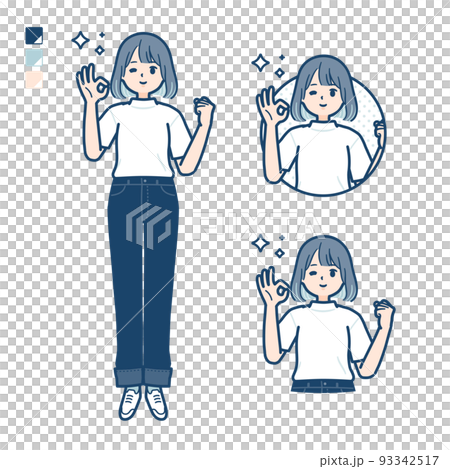 一名年輕女子穿著 T 卹打招呼的插圖 一名年輕女子穿著 T 卹打招呼的插圖 93342517