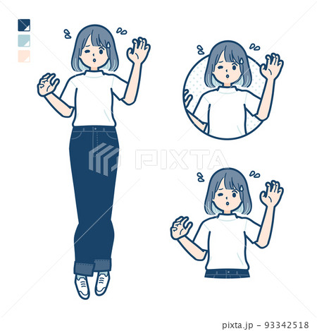 Tシャツを着た若い女性があわてているイラスト Tシャツを着た若い女性があわてているイラスト 93342518