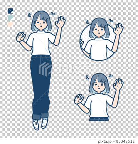 Tシャツを着た若い女性があわてているイラスト Tシャツを着た若い女性があわてているイラスト 93342518