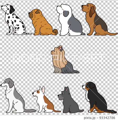 Illustration set F of a simple and cute dog sitting facing sideways with main lines 93342786