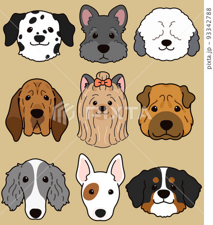 シンプルで可愛い犬の正面顔のイラストセットF 　主線あり 93342788