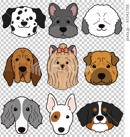 シンプルで可愛い犬の正面顔のイラストセットF 　主線あり 93342788
