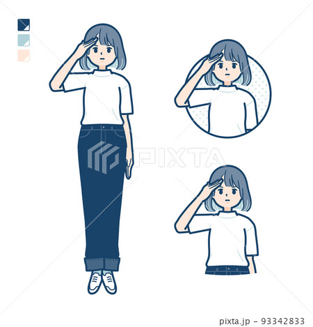 Tシャツを着た若い女性が敬礼しているイラストのイラスト素材