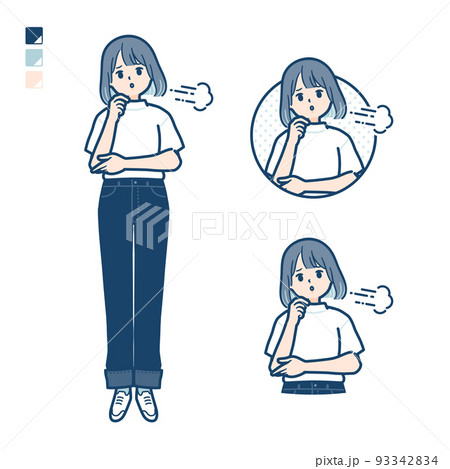 Tシャツを着た若い女性がため息をついているイラスト 93342834