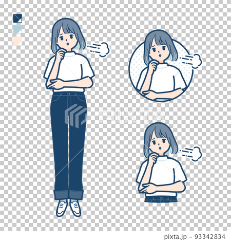Tシャツを着た若い女性がため息をついているイラスト 93342834