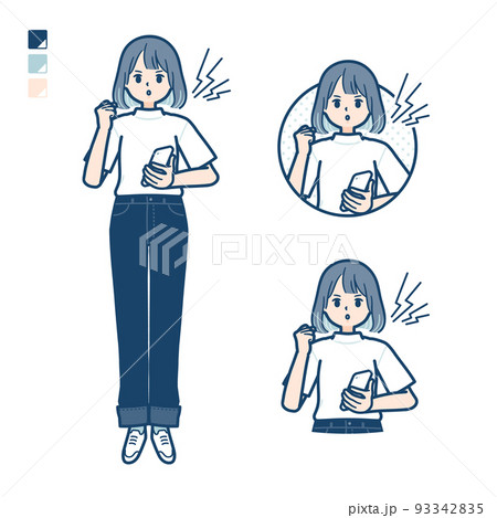 Tシャツを着た若い女性がスマートフォンを持ち怒っているイラスト Tシャツを着た若い女性がスマートフォンを持ち怒っているイラスト 93342835