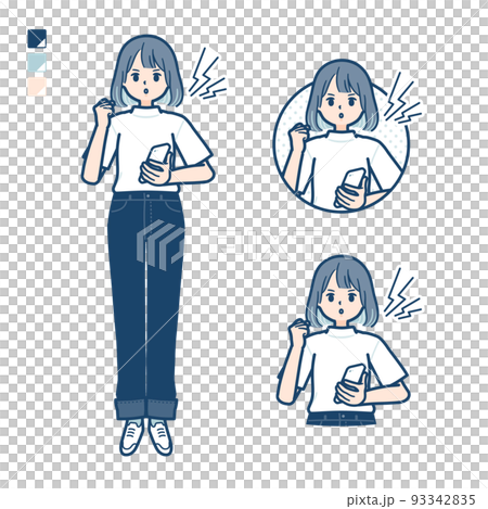 Tシャツを着た若い女性がスマートフォンを持ち怒っているイラスト Tシャツを着た若い女性がスマートフォンを持ち怒っているイラスト 93342835