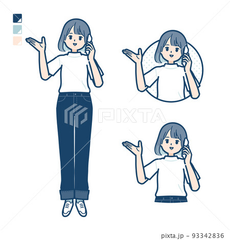 Tシャツを着た若い女性がスマートフォンで通話しているイラスト Tシャツを着た若い女性がスマートフォンで通話しているイラスト 93342836
