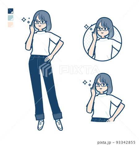 Tシャツを着た若い女性が眼鏡をクイっとしているイラスト 93342855
