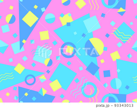 Memphis seamless pattern with geometric shapes in 80s style. Colorful geometric pattern. Design of promotional products, wrapping paper and printing. Vector illustration 93343013