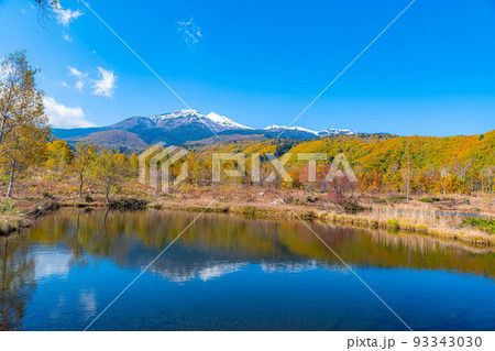 【秋素材】冠雪した乗鞍岳とオソメ池【長野県】 93343030