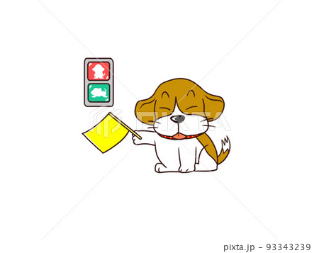 交通安全教室で黄色い旗を振るビーグル犬 93343239