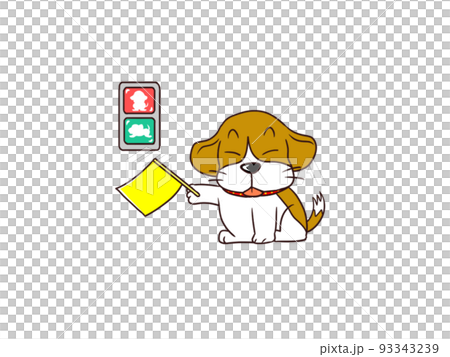 交通安全教室で黄色い旗を振るビーグル犬 93343239