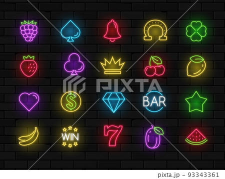Slot machine neon casino icon. Fruit vegas casino neon slot machine sign set 93343361