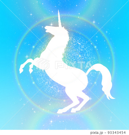 ターコイズ色の背景にユニコーンのシルエットイラスト素材 93343454