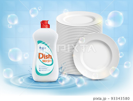 Dishwashing liquid in a plastic bottle next to clean dishes 93343580
