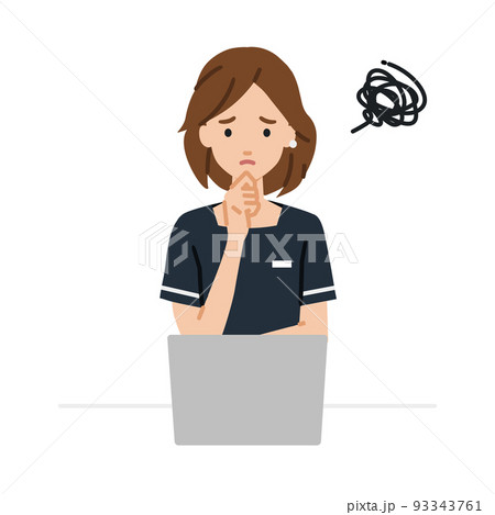 デスクで座ってPCを開いて困っているエステ店員・受付・接客係の女性 93343761