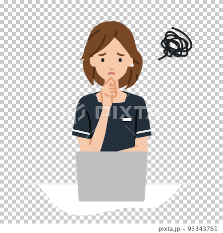 デスクで座ってPCを開いて困っているエステ店員・受付・接客係の女性 93343761