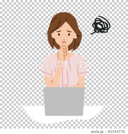 一位辦公室休閒女性坐在辦公桌前，無法打開她的電腦 93343770