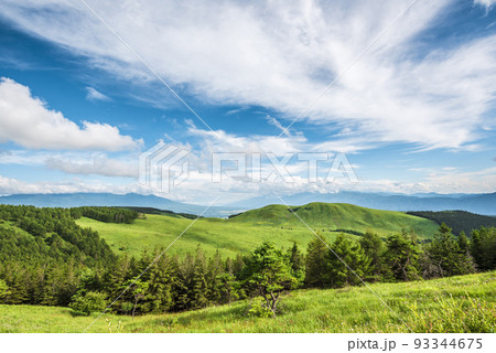 長野県ビーナスラインからの風景、霧ヶ峰と青空と白い雲【8月】 93344675