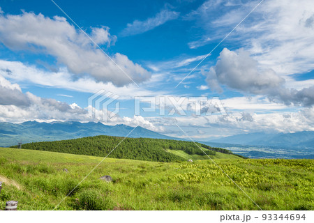 長野県ビーナスラインからの風景、霧ヶ峰と青空と白い雲【8月】 長野県ビーナスラインからの風景、霧ヶ峰と青空と白い雲【8月】 93344694