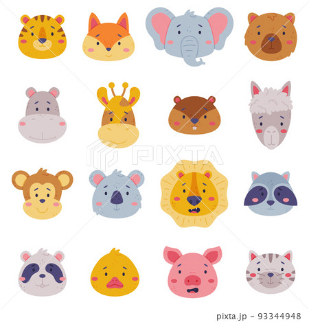 Heads of cute baby animal set. Muzzles of giraffe, llama, koala, raccoon, elephant, cat, panda bear. Nursery decoration, card or invitation design cartoon vector illustration 93344948
