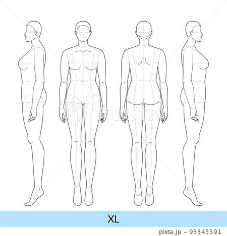 Set of XL Women Fashion template 9 nine head size Croquis plus size Lady model Curvy body figure front, side, 3-4, back view.  93345391