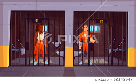 Prisoners in orange jumpsuits in prison jail. Prisoners in orange jumpsuits in prison jail. 93345947