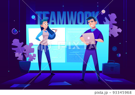 Teamwork characters at screen for presentations Teamwork characters at screen for presentations 93345968