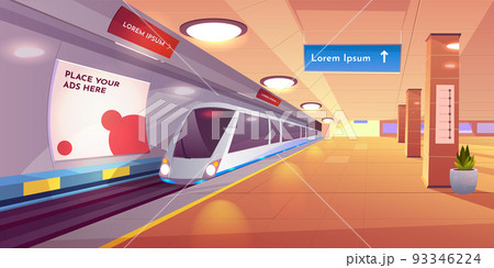 Train in metro station, empty subway platform 93346224