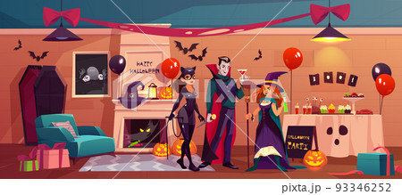 Halloween characters in party decorated interior 93346252