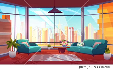 Living room with panoramic window, cozy apartment 93346266
