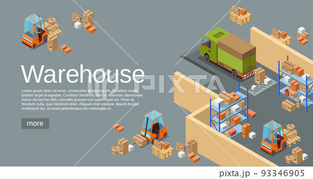 Warehouse isometric 3D vector illustration of modern industrial warehouse and logistics transportation and delivery vehicles 93346905