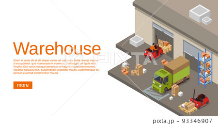 Warehouse isometric 3D vector illustration of storehouse and logistics and delivery transport Warehouse isometric 3D vector illustration of storehouse and logistics and delivery transport 93346907