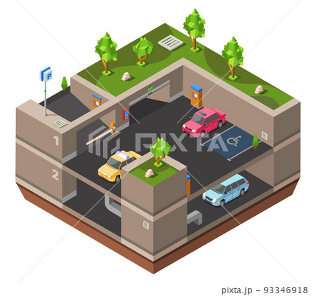Parking lot isometric 3D vector illustration for construction design of cars, parkomat checkpoint and direction marking Parking lot isometric 3D vector illustration for construction design of cars, parkomat checkpoint and direction marking 93346918