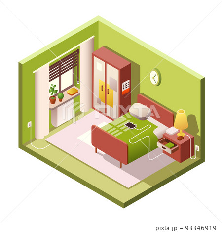 Bedroom vector cartoon illustration of isometric modern small bedroom and interior furniture in cross section 93346919