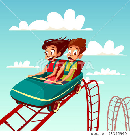 Kids on rides vector cartoon illustration of boy and girl riding on rollercoaster in amusement park 93346940