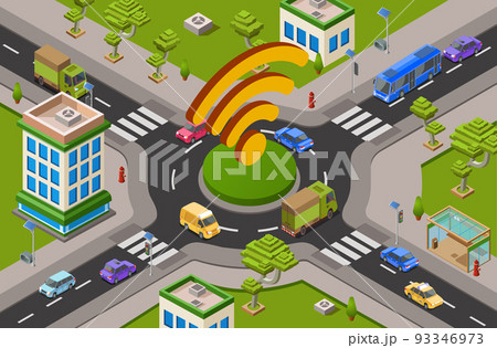 Smart city traffic and wifi on crossroad isometric 3D vector illustration of modern urban transport internet technology 93346973