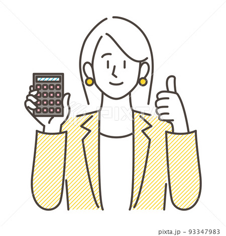 電卓で計算するスーツ姿の女性ビジネスパーソン【ベクターイラスト素材】 93347983