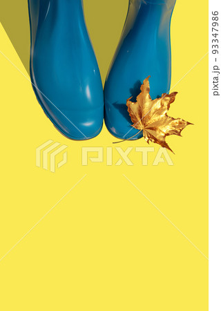 Autumn sale, minimal design with rubber blue boots and gold autumn leaf Autumn sale, minimal design with rubber blue boots and gold autumn leaf 93347986