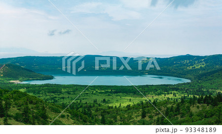 natural landscape of Kunashir island, view of the Golovnin volcano caldera with hot lake natural landscape of Kunashir island, view of the Golovnin volcano caldera with hot lake 93348189