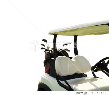 Golf cart with golf bag and clubs isolated on a white background 93348469