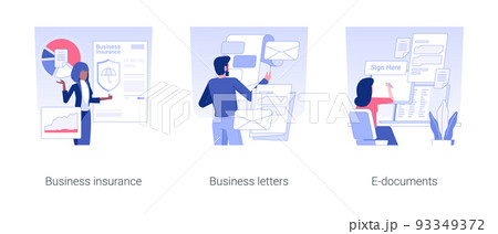 Business agreements isolated concept vector illustration set. Business insurance, reading letters from partners, e-documents, legal company documentation, correspondence vector cartoon. 93349372