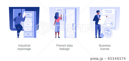 Confidential data isolated concept vector illustration set. Industrial espionage, prevent data leakage, business license, trade secret, wireless key, corporate paperwork vector cartoon. 93349374