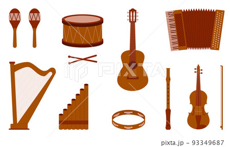 Set of musical instruments. Acoustic, wind and percussion instruments and harmonica. Flat style. Vector. 93349687
